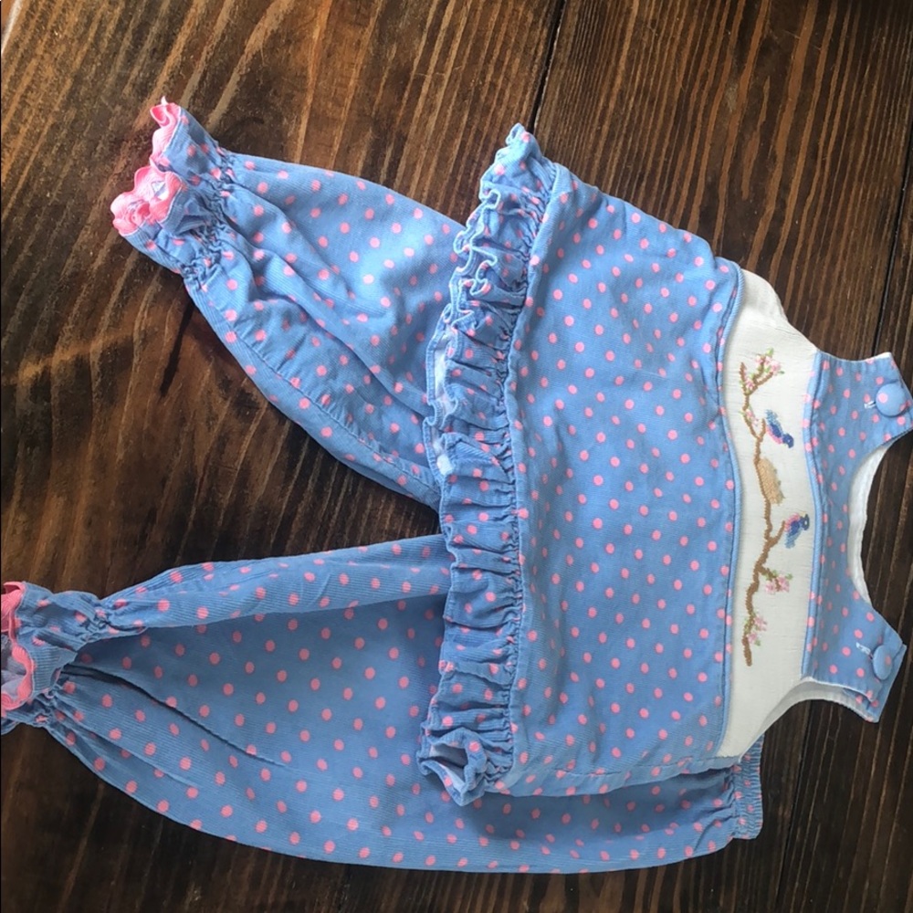 Blue cord  w/ pink polka dots. birds & baby birds
